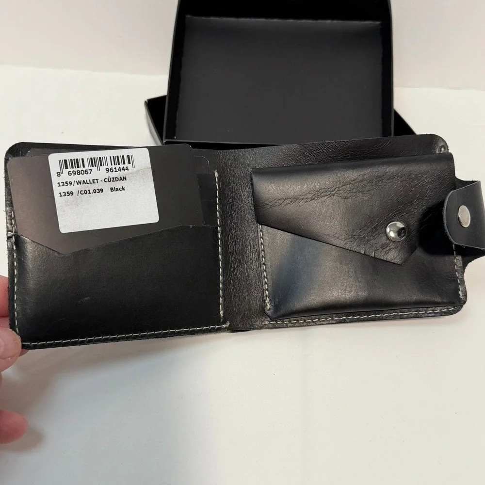 Genuine Black Leather Bifold Wallet with Coin Pocket Snap Closure Made in Turkey